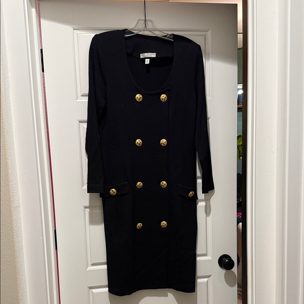 Vintage St. John Elegant Black Dress with Gold buttons